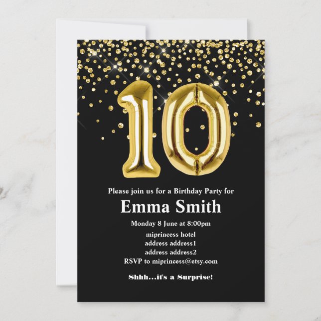 Invitation parties scintillant en or ballon pour 10ème annive (Devant)