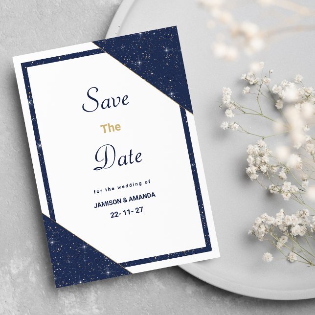 Invitation Parties scintillant en or blanc bleu géométrique E (Geometric blue white gold glitter Save The Date)