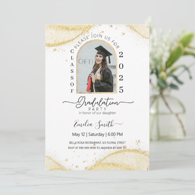 Invitation Parties scintillant en or blanc calligraphique (Debout devant)
