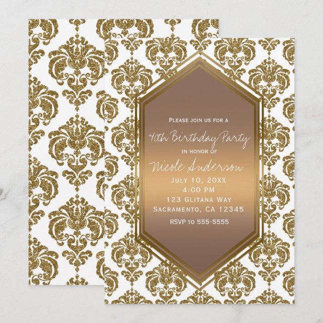 Invitation Parties scintillant en or blanc Glam Damask Print  (Devant / Derrière)