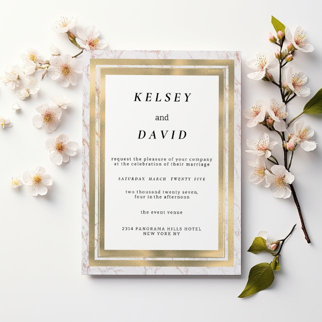 Invitation Parties scintillant en or blanc glam marbre élégan (Glam white gold glitter marble elegant wedding)