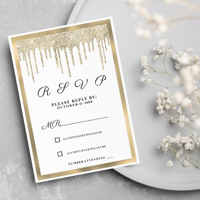Invitation Parties scintillant en or blanc luxe gouttes RSVP (Luxury white gold glitter drips RSVP )