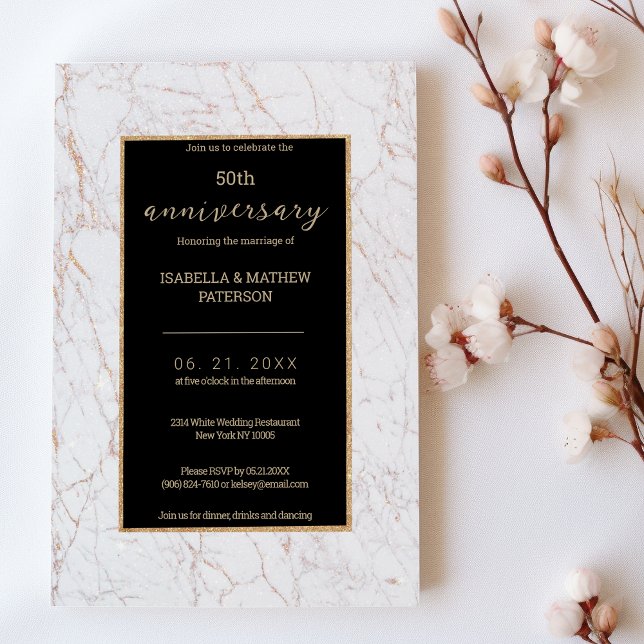 Invitation Parties scintillant en or blanc marbre 50e anniver (White gold glitter marble 50th Wedding Anniversary )