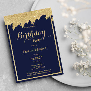 Invitation Parties scintillant en or bleu marine coups de pin
