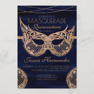 Invitation Parties scintillant en or bleu marine Masquerade Q