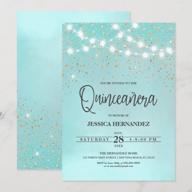 Invitation Parties scintillant en or bleu turquoise éclats Qu (Devant / Derrière)