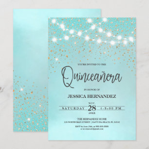 Invitation Parties scintillant en or bleu turquoise éclats Qu