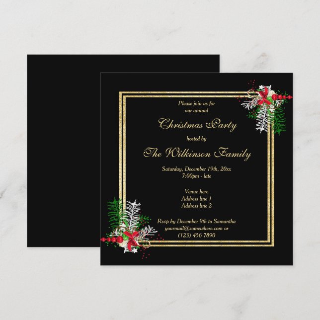 Invitation Parties scintillant en or brillant et décorations  (Devant / Derrière)