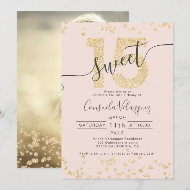 Invitation Parties scintillant en or chic confetti blush Quin (Devant / Derrière)
