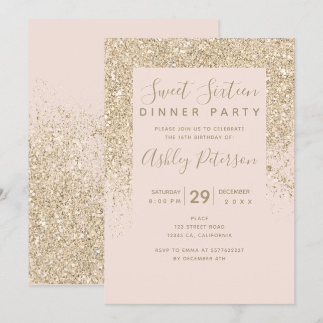 Invitation parties scintillant en or clair typographie rose p (Devant / Derrière)