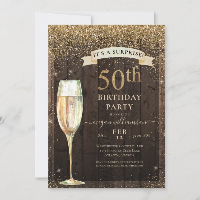 Invitation Parties scintillant en or en bois rustique Surpris (Devant)