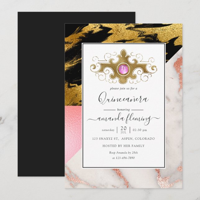 Invitation Parties scintillant en or glam marbre Monogram Qui (Devant / Derrière)