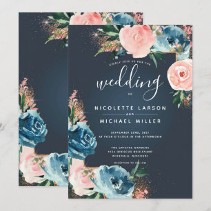 Invitation Parties scintillant en or gris, bleu marine et ble