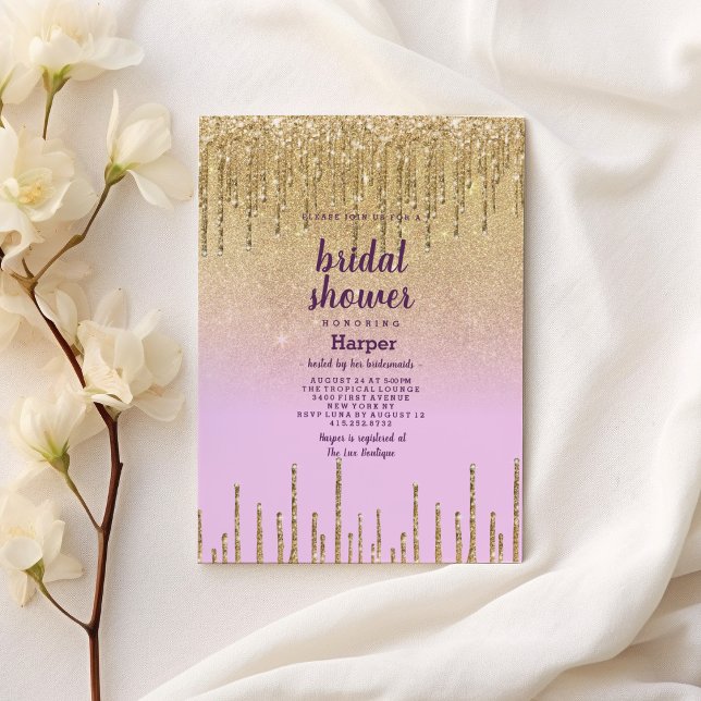 Invitation Parties scintillant en or lavande Fête des mariées (Lavender gold glitter ombre drip Bridal Shower)