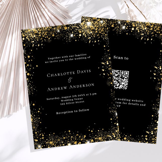 Invitation Parties scintillant en or noir code QR RSVP détail (Créateur téléchargé)