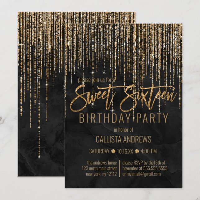 Invitation Parties scintillant en or noir de luxe Pearl Marbl (Devant / Derrière)