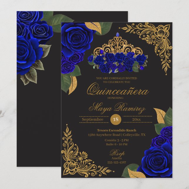 Invitation Parties scintillant en or noir Rose bleu Tiara Qui (Devant / Derrière)
