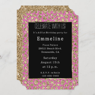 Invitation Parties scintillant en or noir rose Leopard