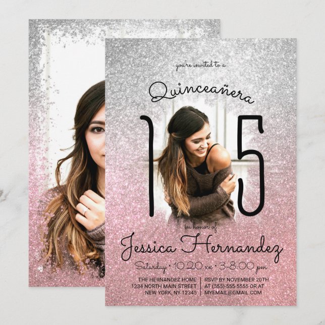 Invitation Parties scintillant en or Rose argent Ombre Photo  (Devant / Derrière)