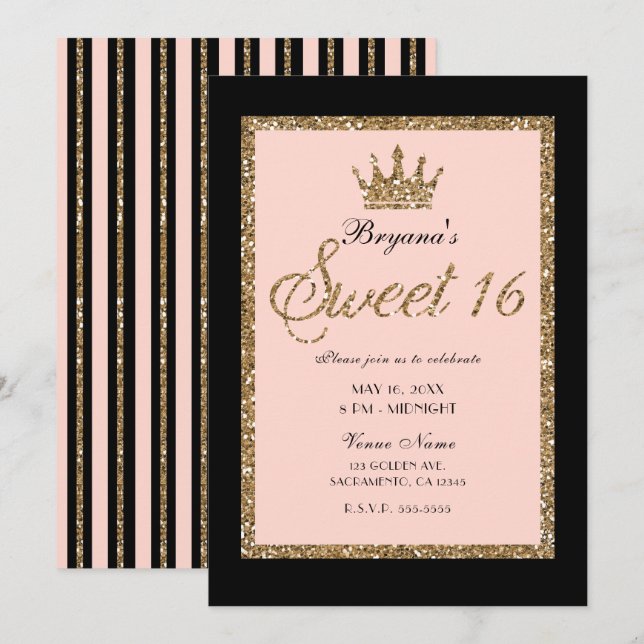 Invitation Parties scintillant en or rose & Black Sweet 16 Pr (Devant / Derrière)