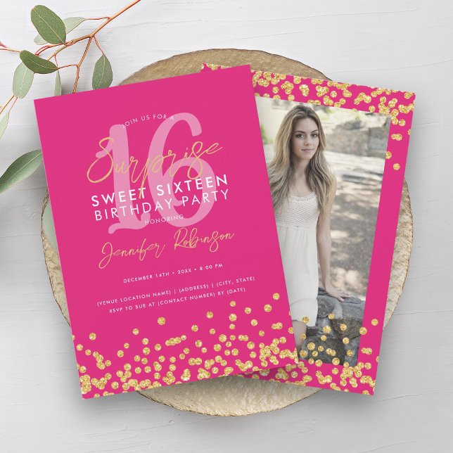 Invitation Parties scintillant en or rose chaud Photo Surpris (Hot Pink Gold Glitter Photo Surprise Sweet 16 Invitation)