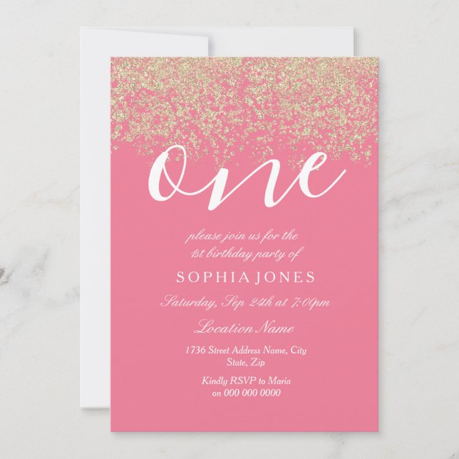 Invitation Parties scintillant en or rose Confetti 1er annive (Devant)