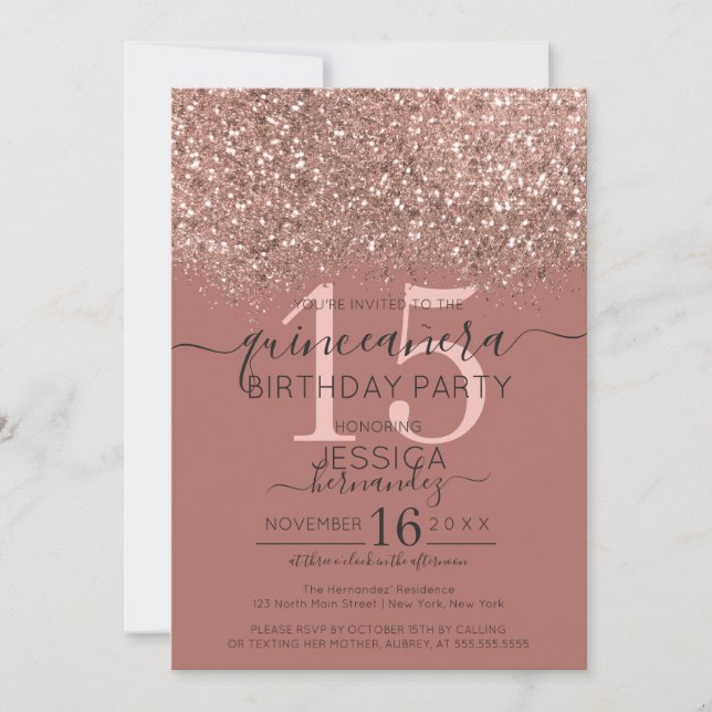 Invitation Parties scintillant en or rose Dusty Confetti Quin (Devant)