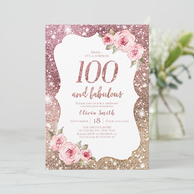 Invitation Parties scintillant en or rose étincelante et fleu (Debout devant)