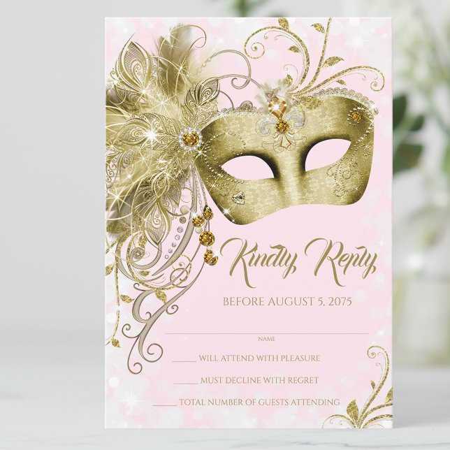 Invitation Parties scintillant en or rose Masquerade (Pretty pink gold masquerade party RSVP. You can change the text.)