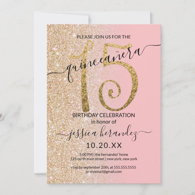 Invitation Parties scintillant en or rose moderne fille Ombre (Devant)