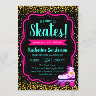 Invitation parties scintillant en or rose noir Roller Skate A