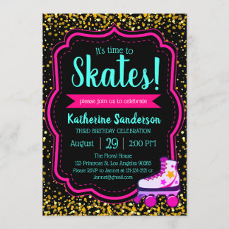 Invitation parties scintillant en or rose noir Roller Skate A