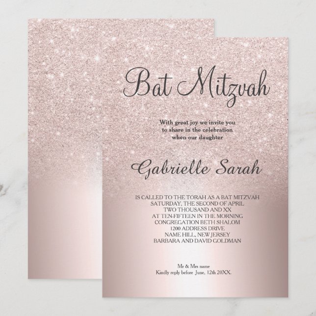 Invitation parties scintillant en or rose ombre Bat mitzvah e (Devant / Derrière)