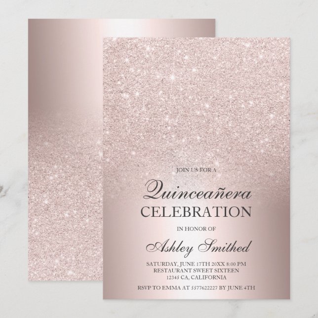 Invitation parties scintillant en or rose ombre feuille métal (Devant / Derrière)