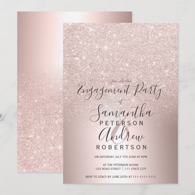 Invitation parties scintillant en or rose ombre fiançailles e (Devant / Derrière)