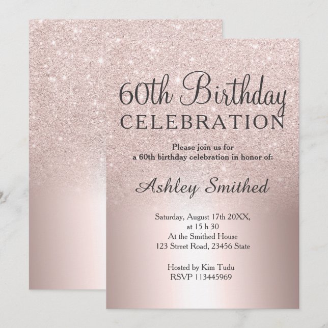 Invitation parties scintillant en or rose ombre métallique 60 (Devant / Derrière)