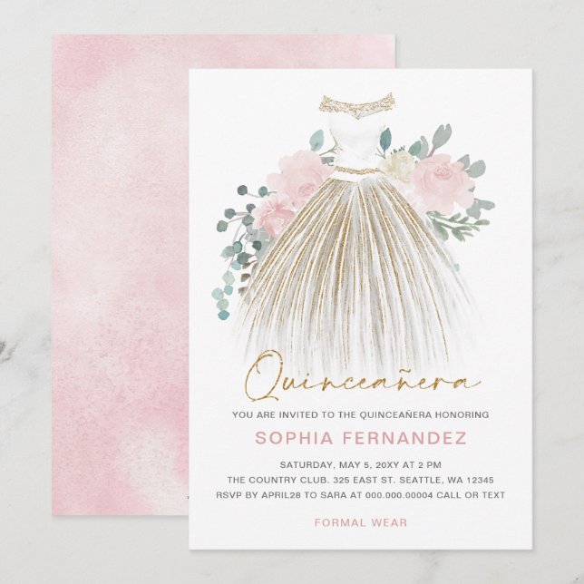 Invitation Parties scintillant en or rose pâle Robe Florale Q (Devant / Derrière)