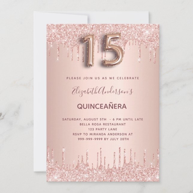 Invitation Parties scintillant en or rose Quinceanera gouttes (Devant)