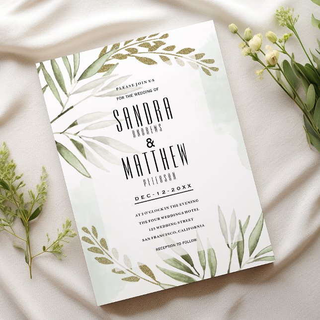 Invitation Parties scintillant en or vert vert tropical feuil (Tropical white green gold glitter leaves Wedding)