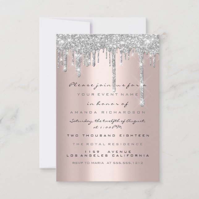 Invitation Parties scintillant étincelle gouttes Rose argent  (Devant)