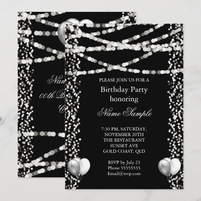 Invitation Parties scintillant Faux Foil Ballons d'argent Noi (Devant / Derrière)