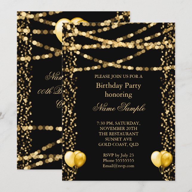 Invitation Parties scintillant Faux Foil Gold Ballons Noir An (Devant / Derrière)