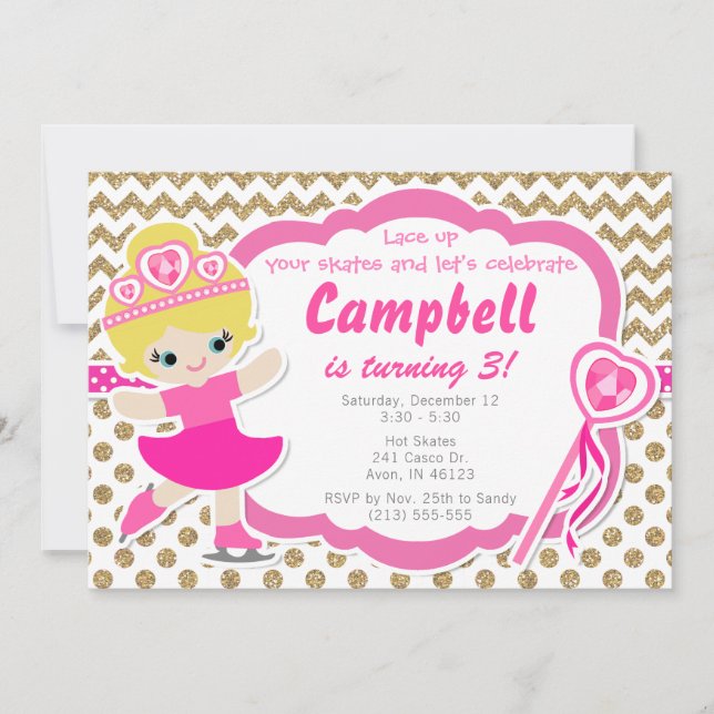 Invitation Parties scintillant fille de patinage de glace Or  (Devant)
