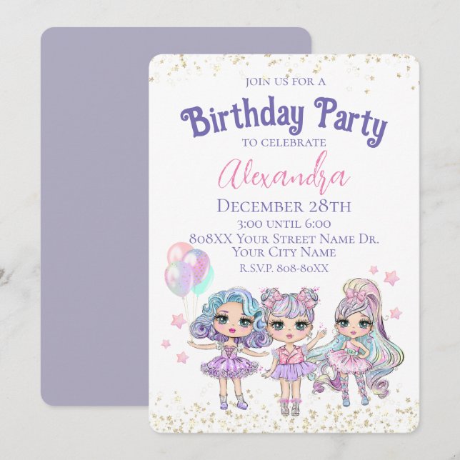 Invitation Parties scintillant fille mignonne poupées fête d' (Devant / Derrière)