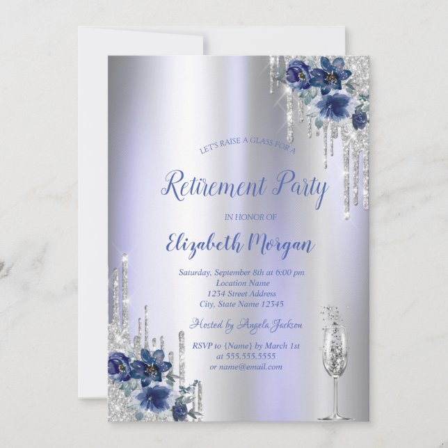 Invitation Parties scintillant, Fleurs Bleues Violet Retraite (Devant)