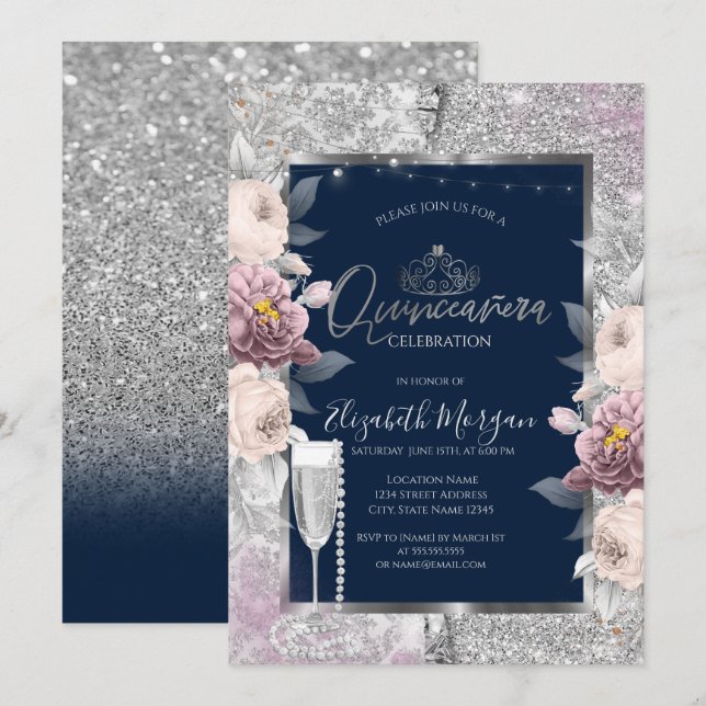 Invitation Parties scintillant, Fleurs de Boho, Perles de ver (Devant / Derrière)