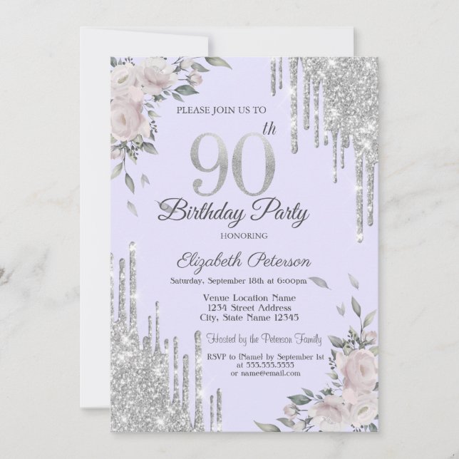 Invitation Parties scintillant, Fleurs Lavander 90e anniversa (Devant)