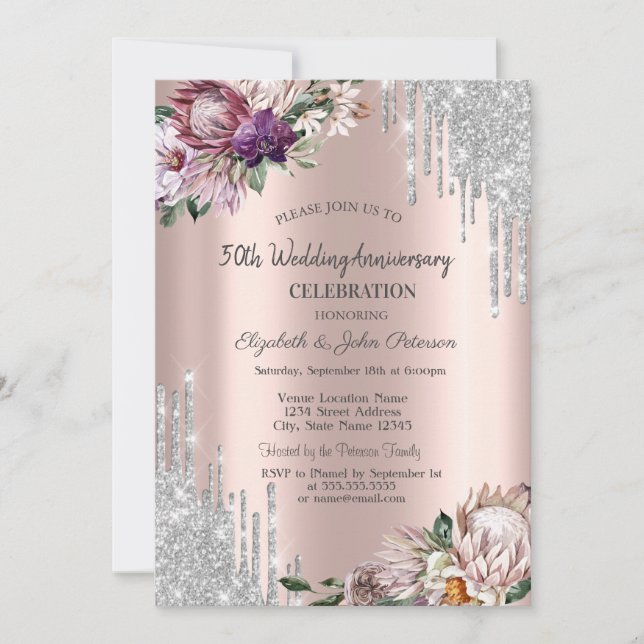 Invitation Parties scintillant, Fleurs Tropicales Rose Mariag (Devant)
