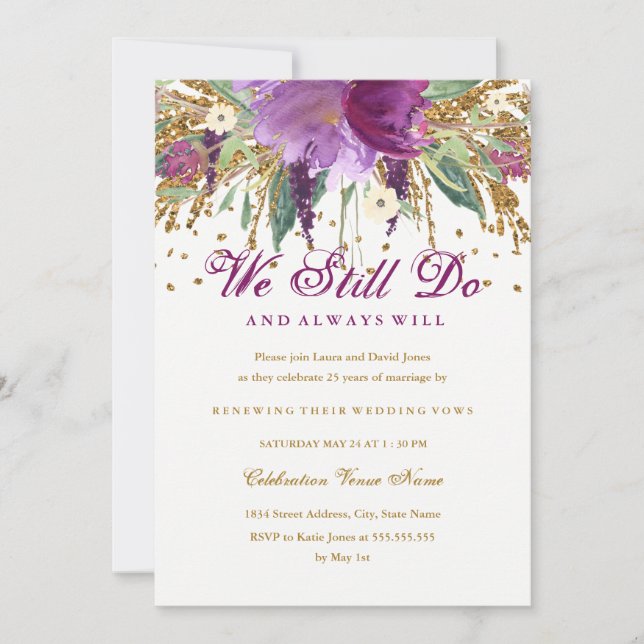Invitation Parties scintillant florale Anniversaire de renouv (Devant)