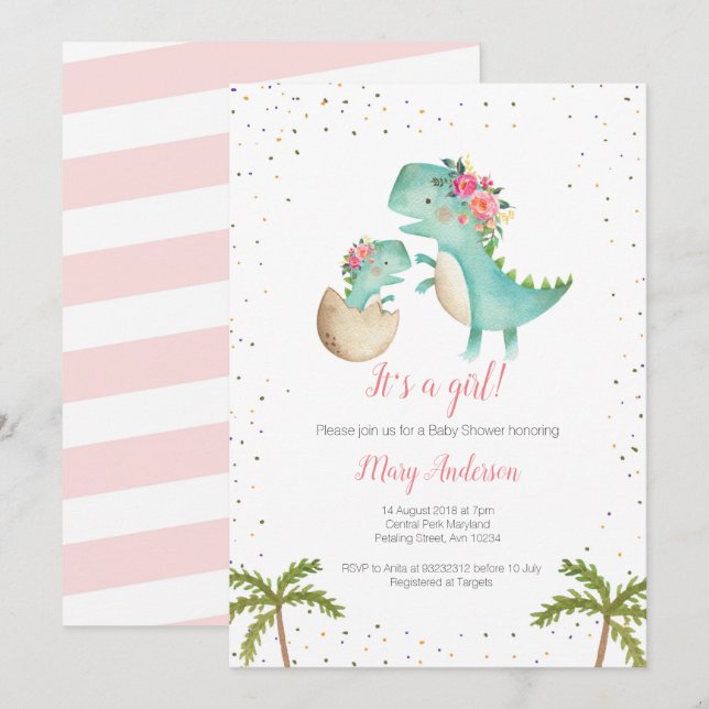 Invitation Parties scintillant florale Baby shower Dinosaure  (Devant / Derrière)